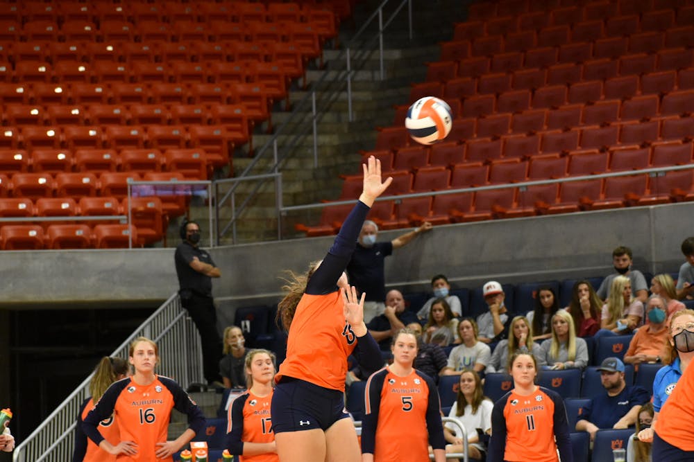 <p>Oct. 3, 2021; Auburn, AL, USA; Katie Curtis (15) prepares to strike a serve in a match between Auburn and Alabama in the Auburn Arena.</p>