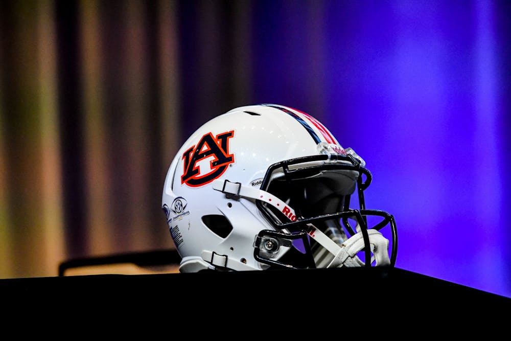An Auburn football rests on a table at the final day of SEC Media Days in Atlanta, Georgia, on July 21, 2022