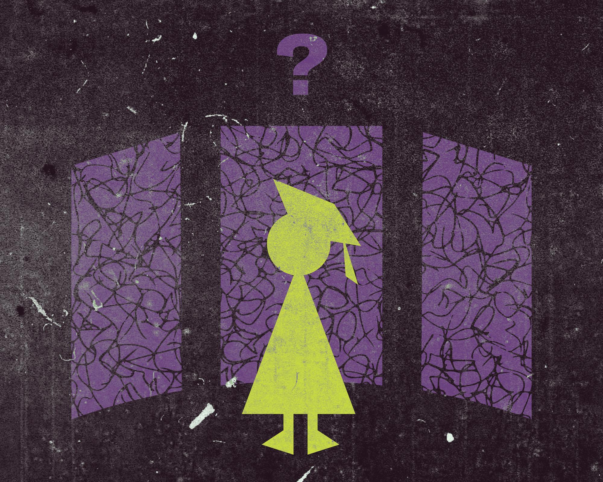 A yellow figure wearing a graduation cap stands between two purple panels, with a question mark above.