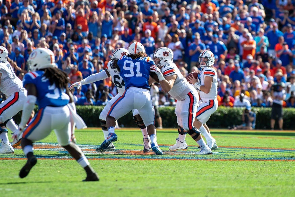 <p>Bo Nix (10) looks for a receiver during Auburn vs. Florida, on Saturday, Oct. 5, 2019, in Gainesville, Fla.</p>