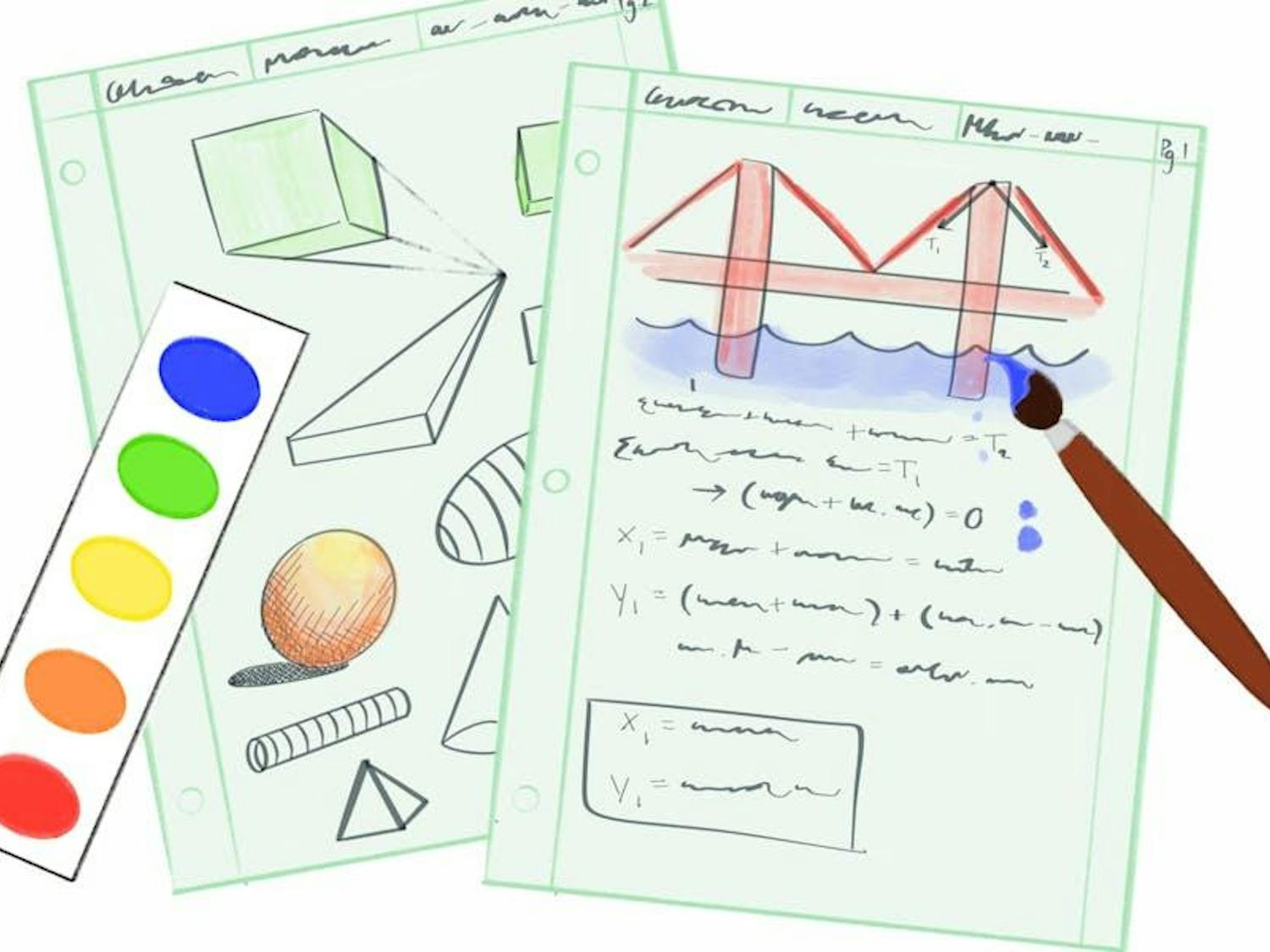 Papers with geometric sketches, handwritten notes, and a palette of colored circles alongside a paintbrush.