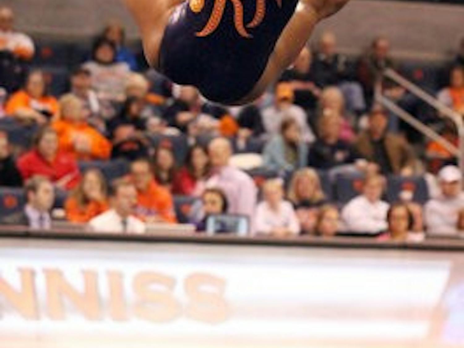 Rachel Inniss performs on the floor, scoring a 9.9 against LSU Friday night.