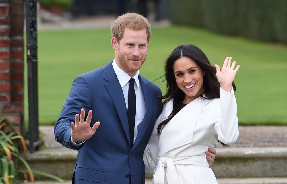 Prince Harry and Meghan Markle at a photocall to announce their engagement at Kensington Palace, in London, England, on Monday November 27, 2017. (Eddie Mulholland/Daily Telegraph/PA Wire/Abaca Press/TNS)
