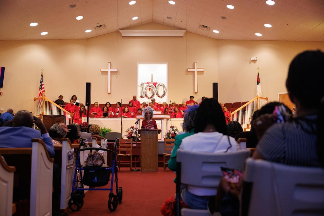 Patrons speak during the 100th anniversary of Bell Missionary Baptist Church on Sunday, March 22, 2026 in Auburn, Ala.