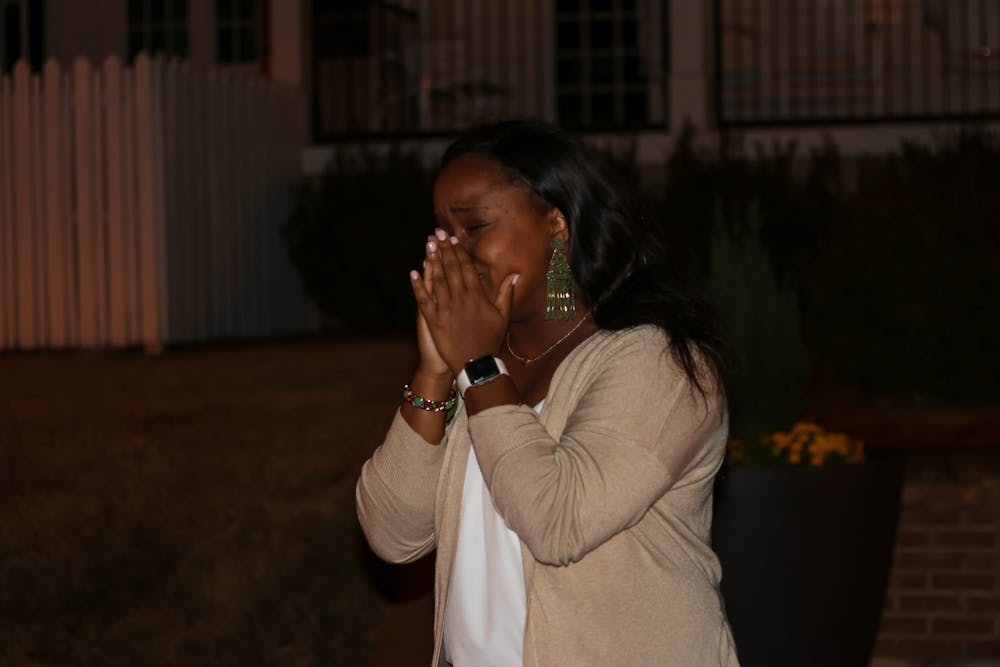 <p>Huntley reacts after being announced as the next SGA president.</p>
