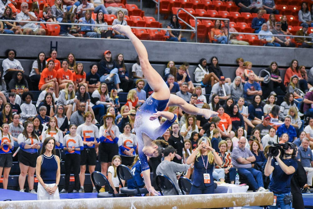 <p>Ale Irvine competes on beam against Michigan State in Neville Arena in Auburn, AL on March 6, 2026.</p>