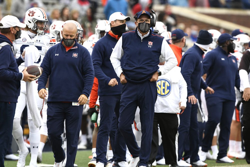 Oct 3, 2020; Oxford, MS, USA; Coach Gus Malzahn on the sideline during the game between Auburn and Ole Miss at Vaught Hemingway Stadium. Mandatory Credit: Todd Van Emst/AU Athletics
