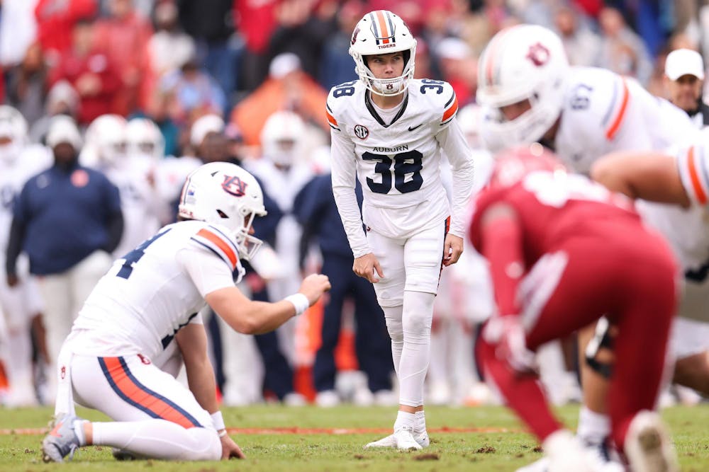 FAYETTEVILLE, AR - OCTOBER 25 - Auburn kicker Alex McPherson (38) - Auburn Tigers vs. Arkansas Razorbacks at Donald W. Reynolds Razorback Stadium in Fayetteville, AR on Saturday, Oct. 25, 2025.
Photo by David Gray/Auburn Tigers