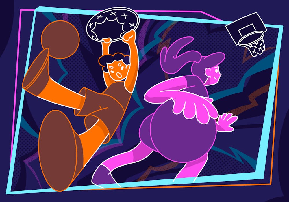 <p>A cartoon-style drawing features a boy dunking and a girl holding a basketball, both with exaggerated features and vibrant colors.</p>