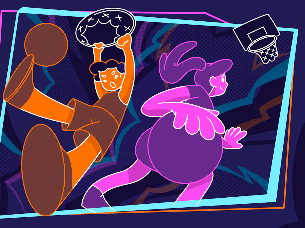 A cartoon-style drawing features a boy dunking and a girl holding a basketball, both with exaggerated features and vibrant colors.