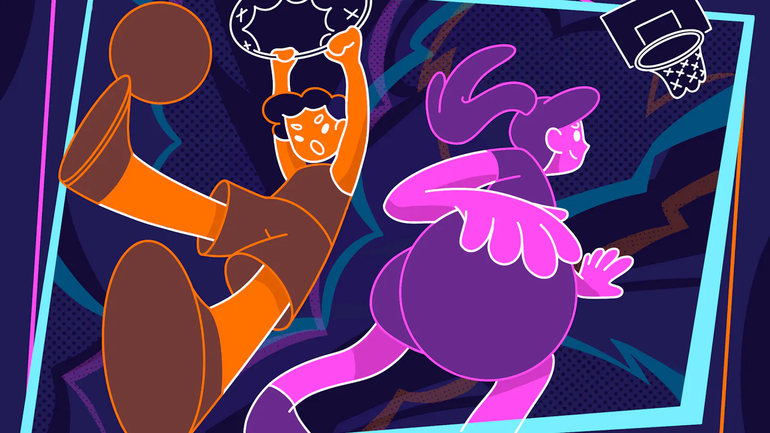 A cartoon-style drawing features a boy dunking and a girl holding a basketball, both with exaggerated features and vibrant colors.