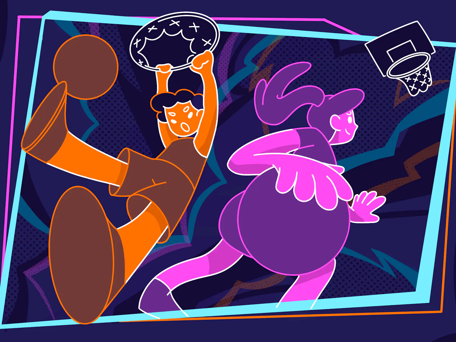 A cartoon-style drawing features a boy dunking and a girl holding a basketball, both with exaggerated features and vibrant colors.