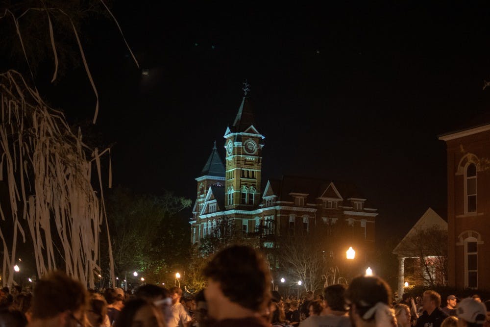 Samford Hall from Toomer's Corner after the Tigers win over UNC in the Sweet 16, on Friday, March 29, 2019, in Auburn, Ala.