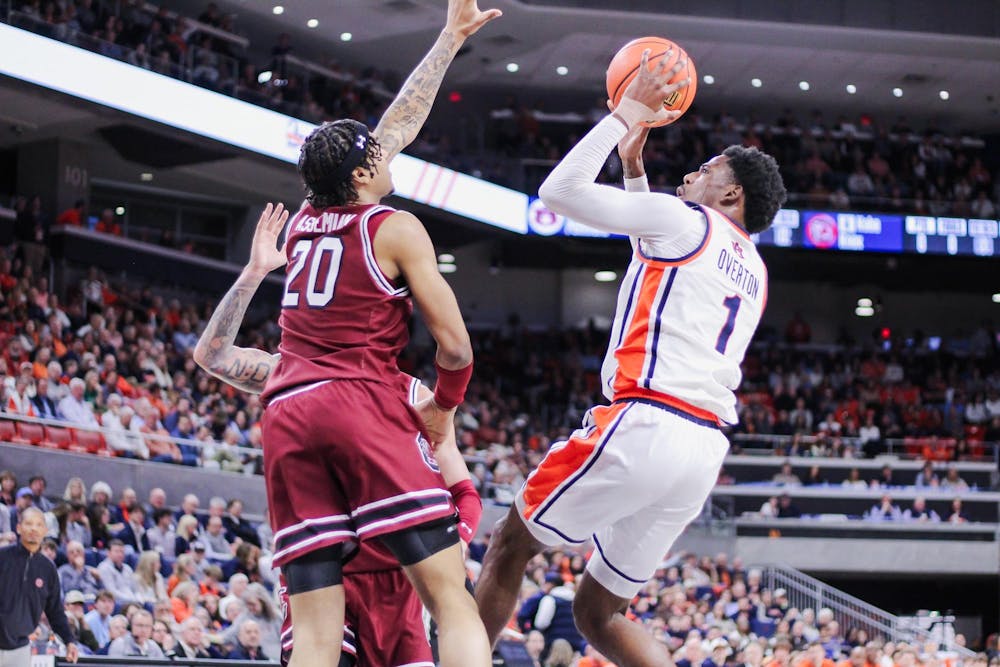<p>Kevin Overton shoots the ball during the game against South Carolina on Jan. 17, 2026, at Neville Arena in Auburn, Ala. </p>