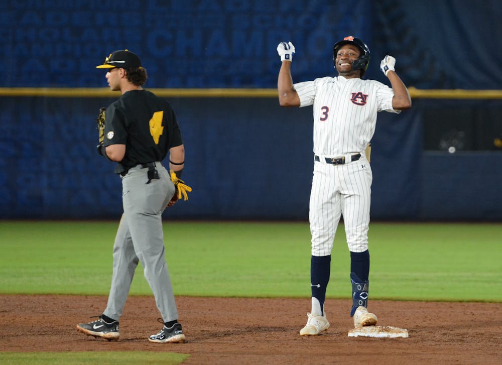 <p>Auburn outfielder Chris Stanfield celebrates after hitting a double in the SEC Tournament on May 23, 2023.</p>