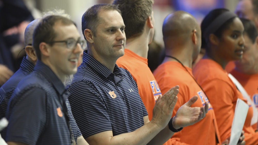 Brett Hawke, Auburn swimming and diving head coach, during SEC Championships on Sunday, Feb. 18, 2018, in College Station, Texas.
