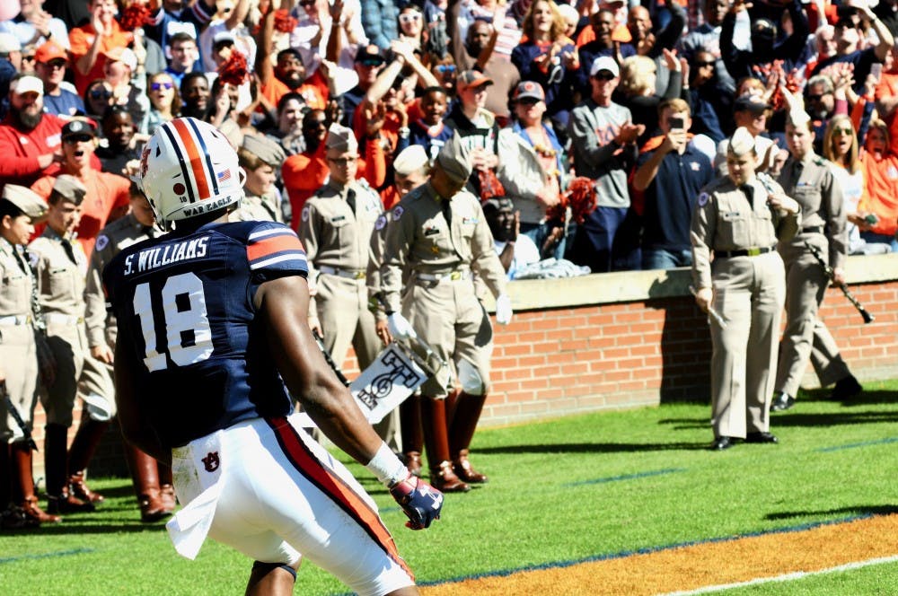 Seth Williams (18) celebrates after his touchdown during the first half of Auburn Football vs. Texas A&M on Saturday, Nov. 3, 2018, in Auburn, Ala.
