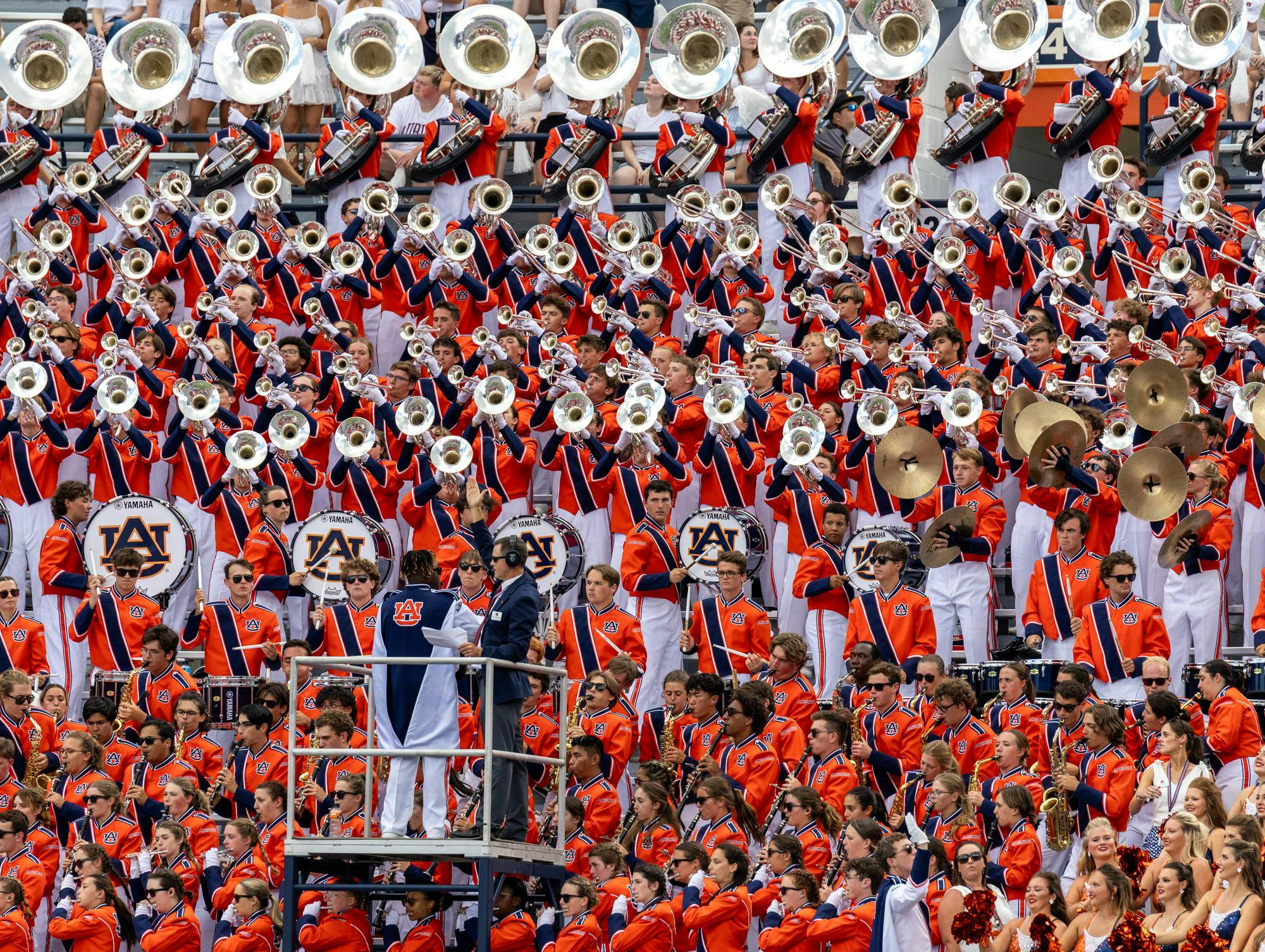 The Auburn University Marching Band roars in Jordan Hare on Sep 13, 2025.