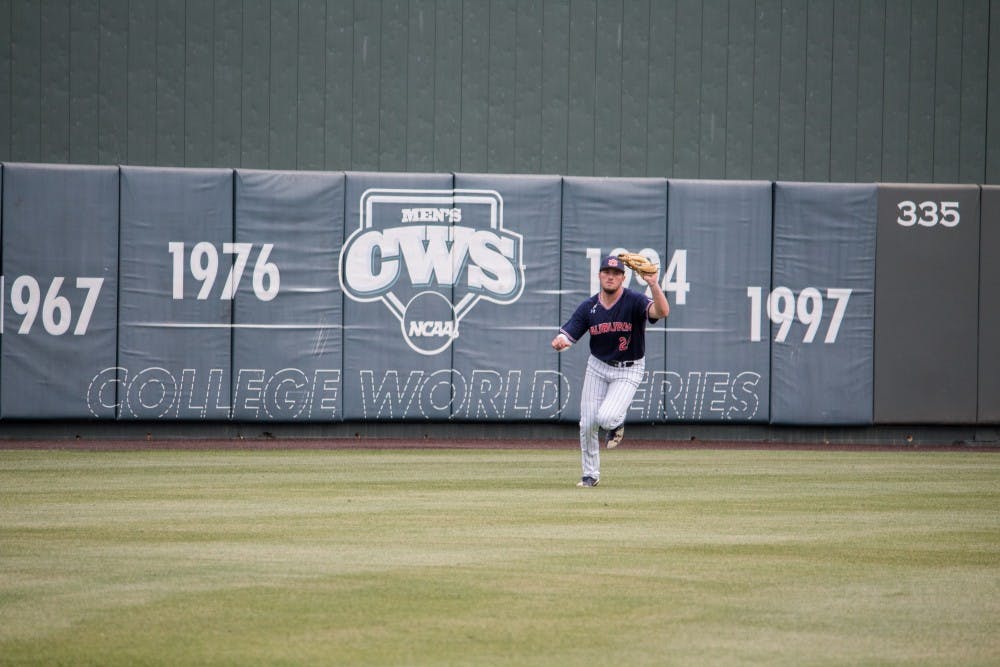 <p>Conor Davis (24) catches the ball&nbsp;for Auburn Baseball against Mississippi State on Saturday, April 14, 2018, in Auburn, Ala.</p>