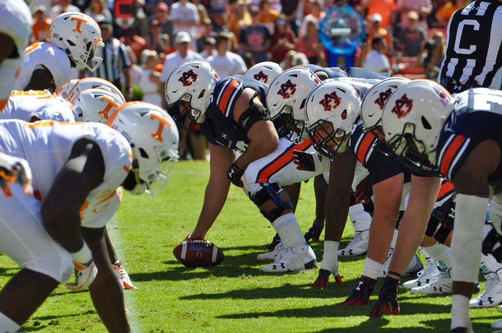 The Auburn Tigers offensive line during Auburn Football vs. Tennessee on Saturday, Oct. 13, 2018 in Auburn, Ala.