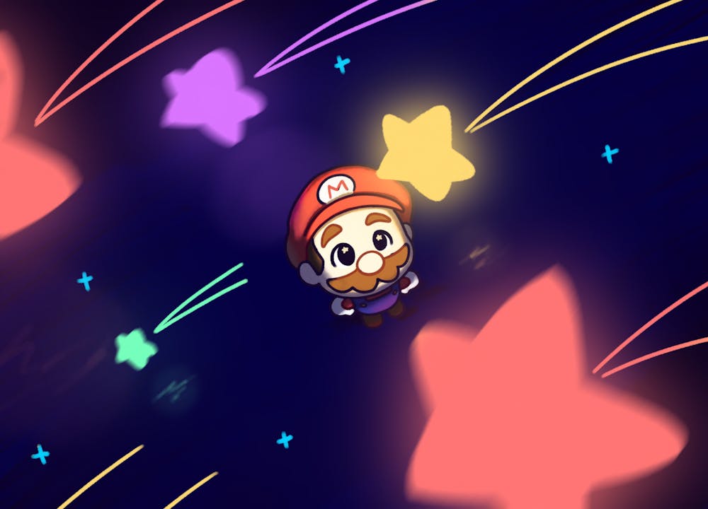 <p>A cartoon character with a red cap and mustache gazes upward at brightly colored stars in a dark, starry background.</p>