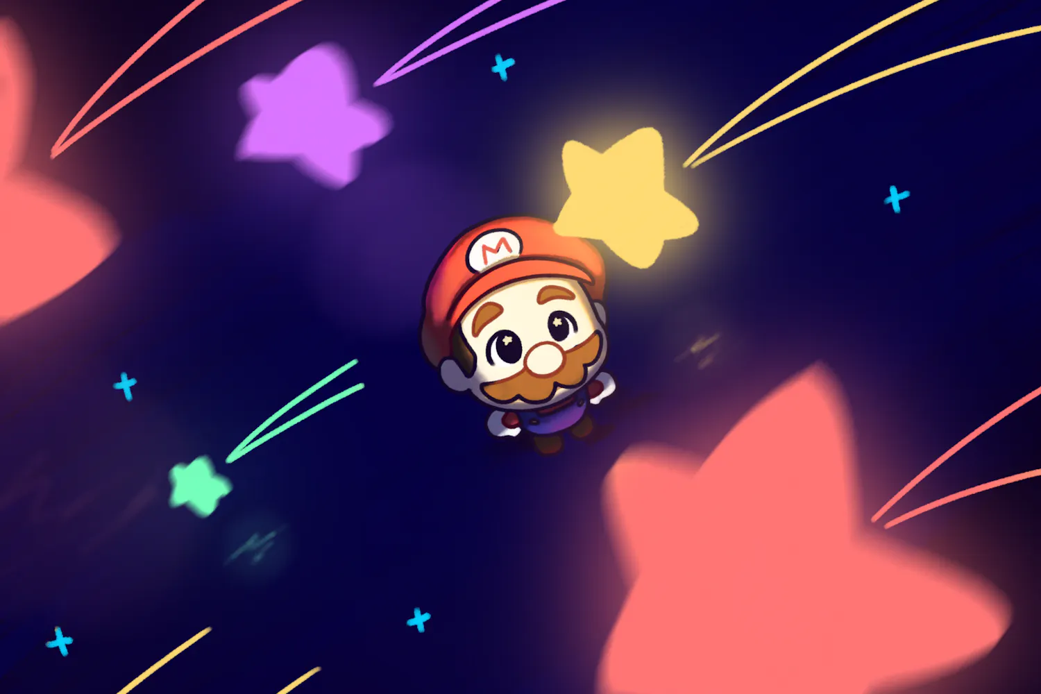 A cartoon character with a red cap and mustache gazes upward at brightly colored stars in a dark, starry background.