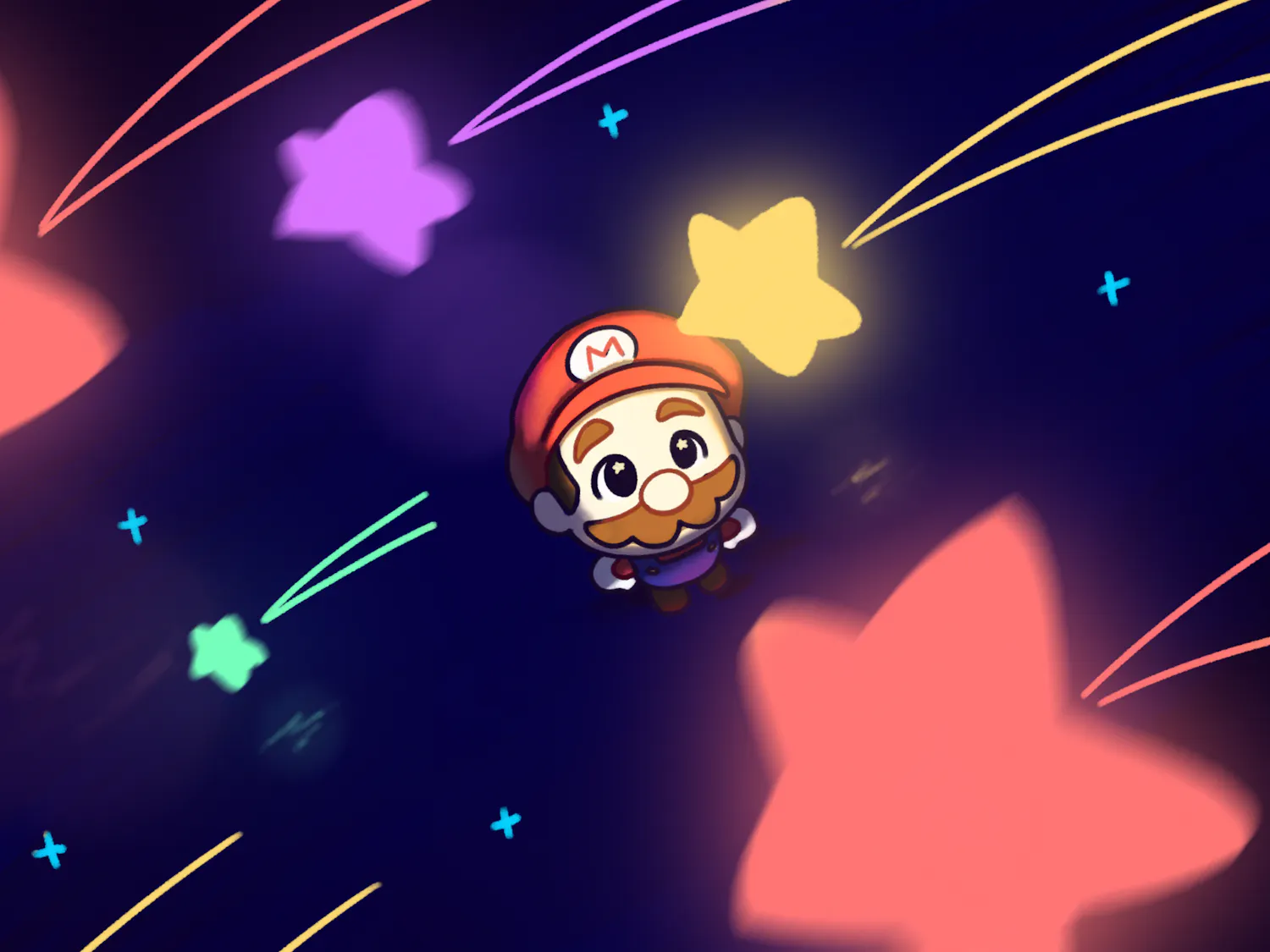 A cartoon character with a red cap and mustache gazes upward at brightly colored stars in a dark, starry background.