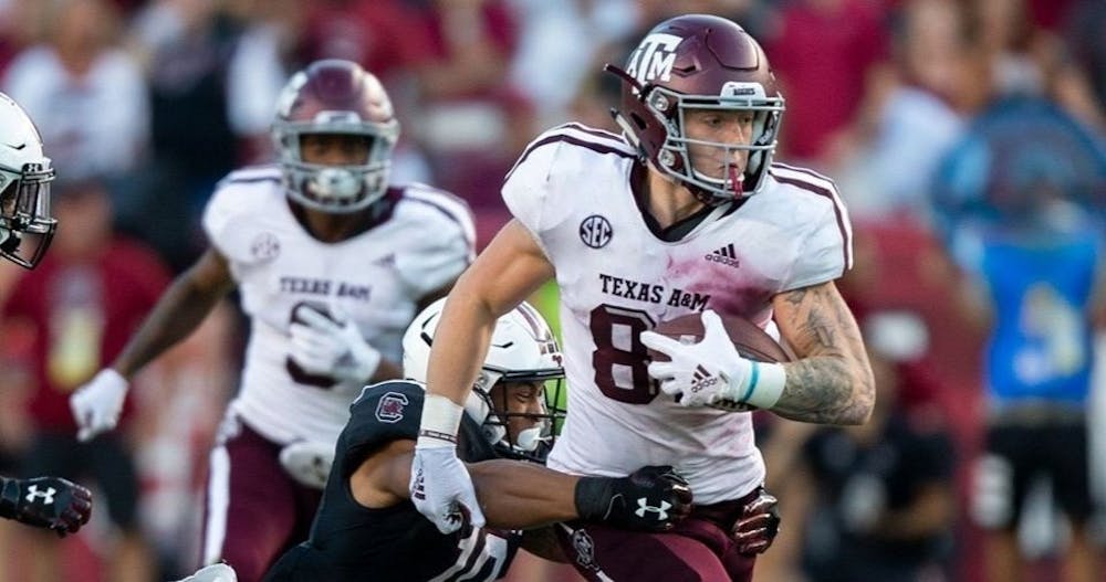 <p>Jace Sternberger (81) catches a pass during Texas A&amp;M during South Carolina on Oct. 13, 2018. Photo via Sam Craft / Texas A&amp;M Athletics.</p>