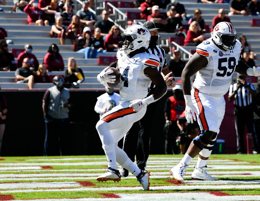 Oct 15, 2020; Columbia, SC, USA; Tank Bigsby (4) walking in for the touchdown during the game between Auburn and South Carolina at Williams-Brice Stadium. Mandatory Credit: Todd Van Emst/AU Athletics