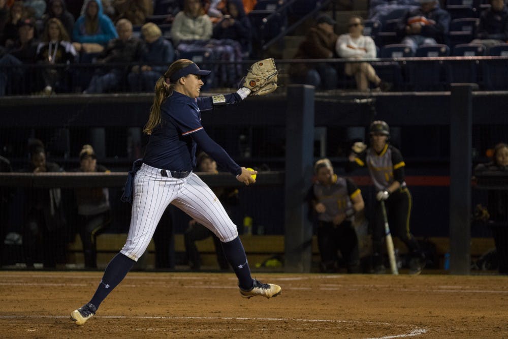 Auburn Tiger pitcher Kaylee Carlson (16) pitches vs. Kennesaw State University on April 4, 2018, in Auburn, Ala.