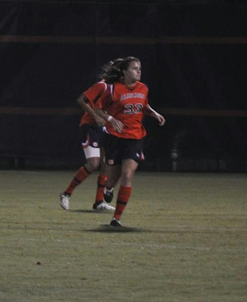 Haley Gerken looks up field during Saturday's 4-1 win over Memphis. The sophomore had two goals in the exhibition victory.
Anna Grafton / PHOTO EDITOR