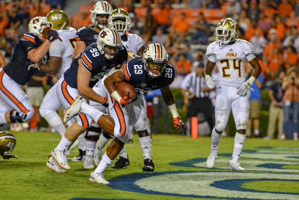 <p>Harold Joiner (29) scores a touchdown during Auburn football vs Alabama State on Saturday, Sept. 8, 2018, ​in Auburn, Ala.</p>