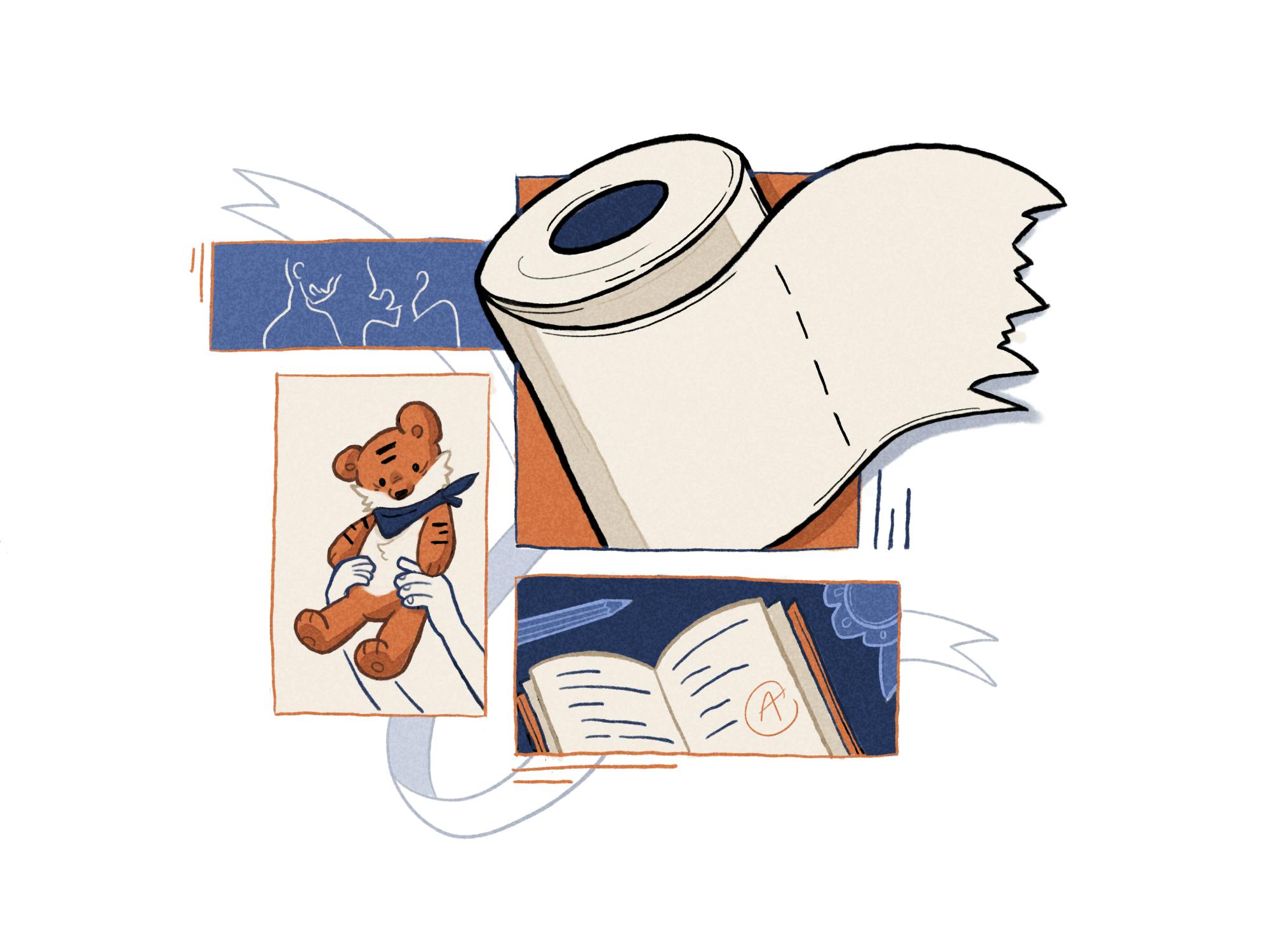 A collage illustration of a toilet roll, alongside of a tiger plushie, two people smilling with each other and a book with an A grade on it.