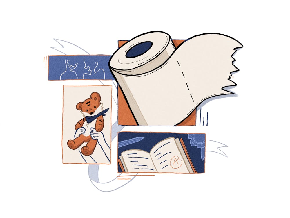<p>A collage illustration of a toilet roll, alongside of a tiger plushie, two people smilling with each other and a book with an A grade on it.</p>