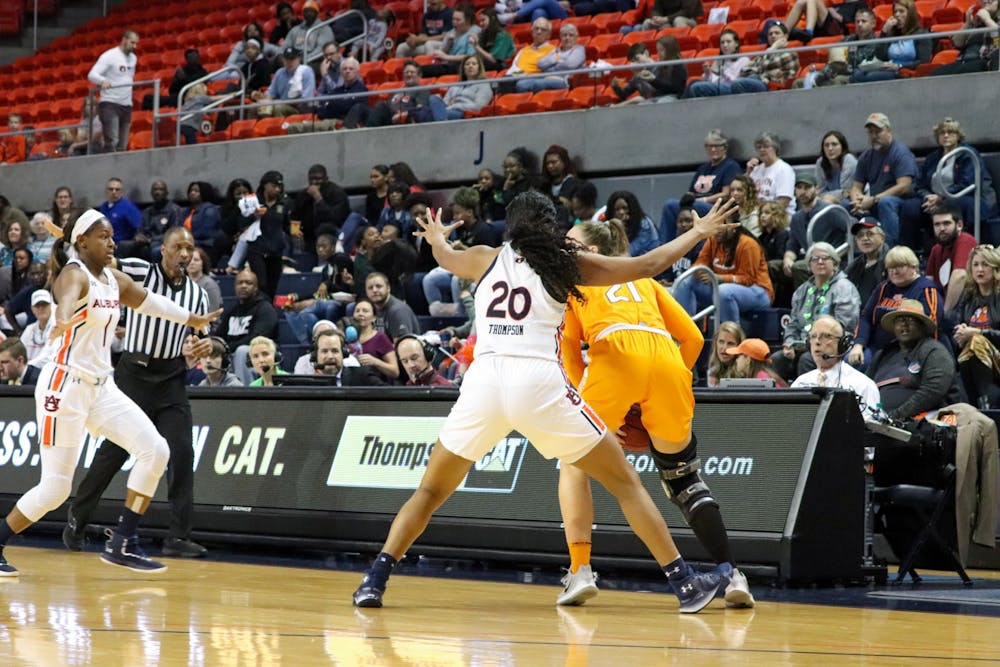 Unique Thompson (20) plays defensively during Auburn Women's Basketball vs. Tennessee on Mar. 1, 2020, in Auburn, Ala.