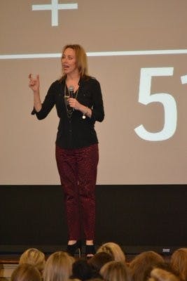 Dr. Lori Hart, for Campusspeak Inc., spoke about sex and relationships Thursday, Jan. 31, in Langdon Hall. (Raye May / PHOTO EDITOR)