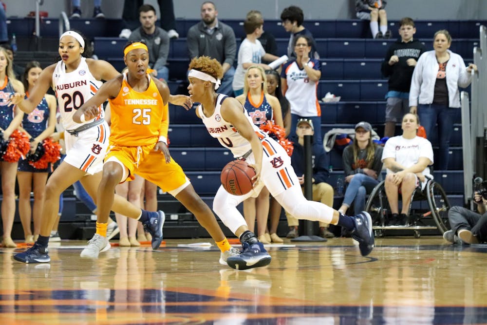 Daisa Alexander (0) goes in to make a basket during Auburn Women's Basketball vs. Tennessee on Mar. 1, 2020, in Auburn, Ala.