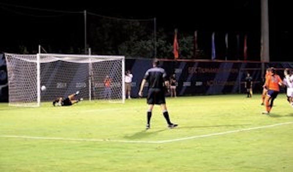 Bianca Sierra scores on a penalty kick to spark Auburn's comeback victory over South Carolina Friday, Sept. 28. Down 2-0, Freshman Alexa Allen drew a foul inside the box and Sierra converted in the 35th minute, and Auburn would go on to win 4-2. (Emily Morris / ASSISTANT PHOTO EDITOR)