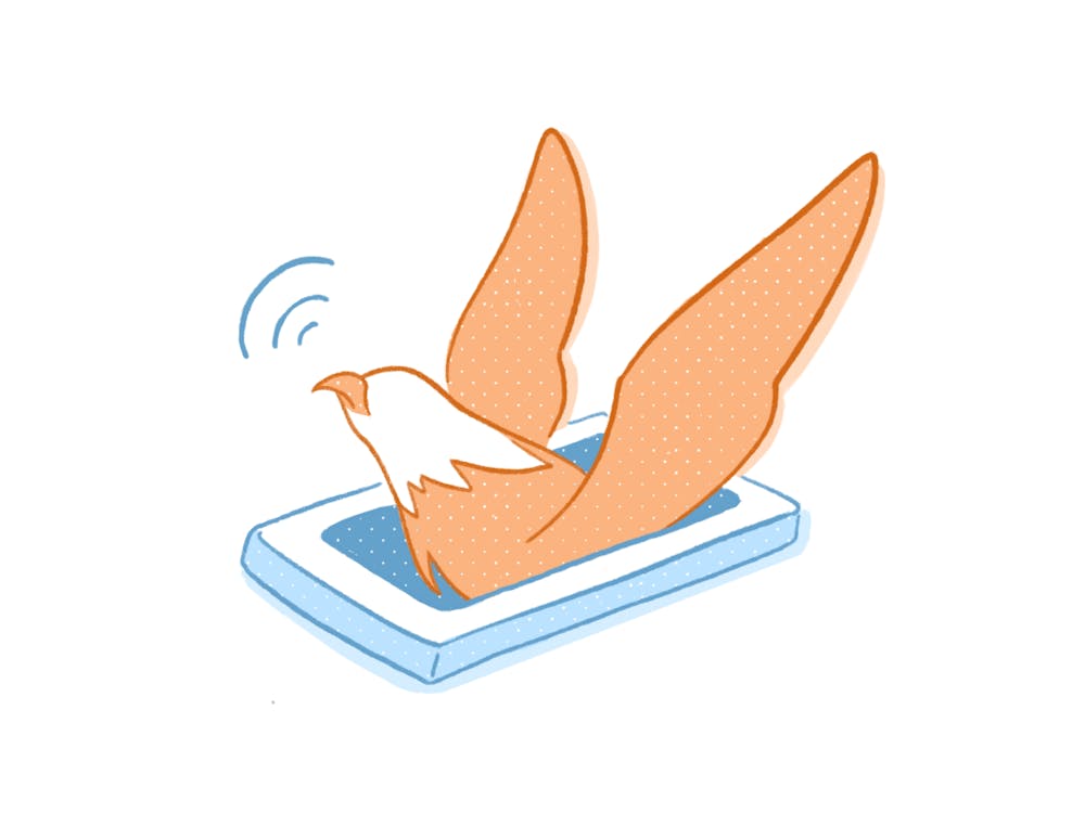 <p>An orange bald eagle with outstretched wings is emerging from a smartphone, accompanied by curved lines indicating movement or sound.</p>