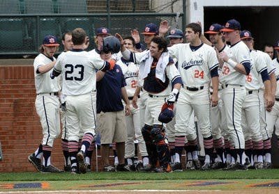 Auburn's Jordan Ebert is congratulated by his team after hitting a homerun in the second inning of their college baseball game against Arkansas. (Anthony Hall / AUBURN ATHLETICS PHOTOGRAPHER)