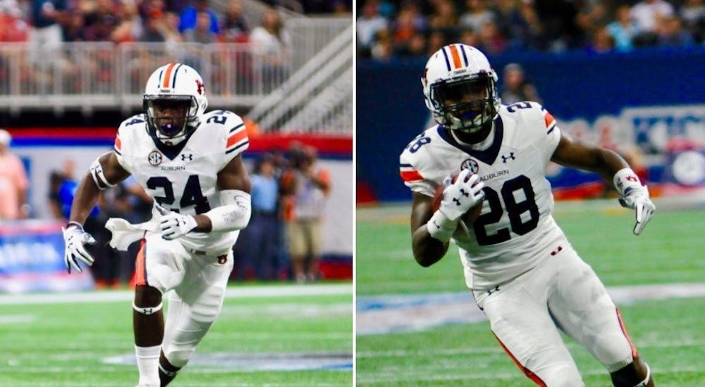 <p>Both Daniel Thomas (24, left) and "Boobee Whitlow" (28, right) showed up in crucial situations for Auburn last Saturday.</p>