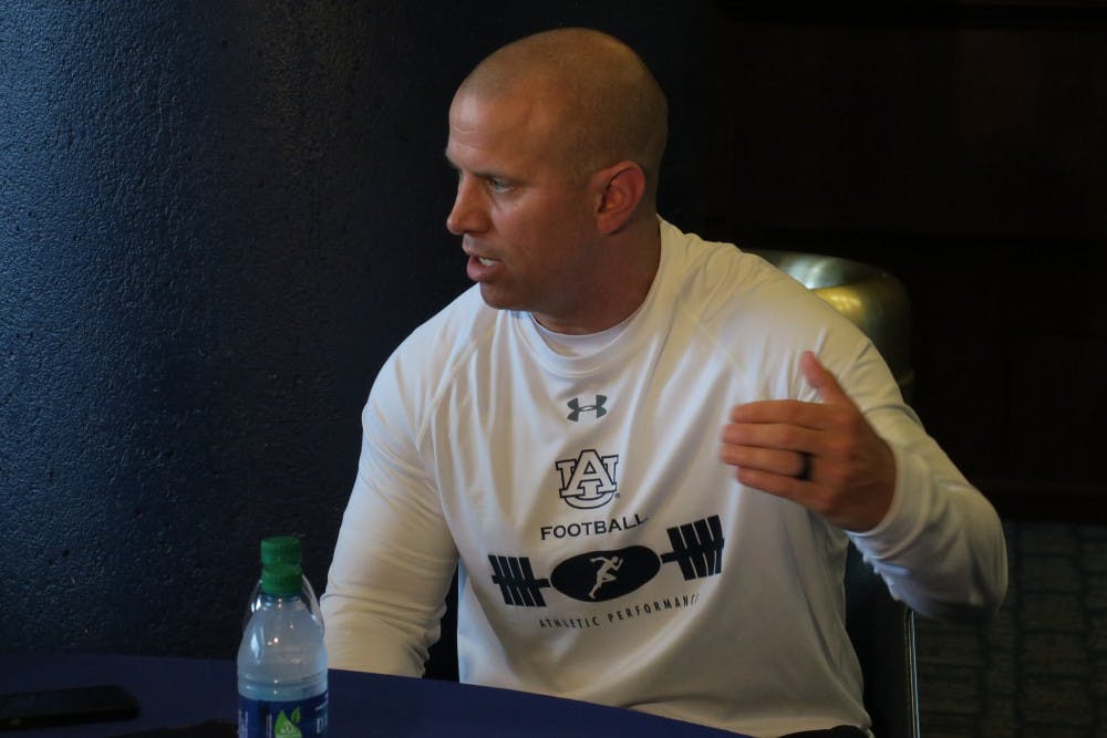 Auburn strength and conditioning coach Ryan Russell being interviewed on&nbsp;August 16, 2018, in Auburn, Ala.