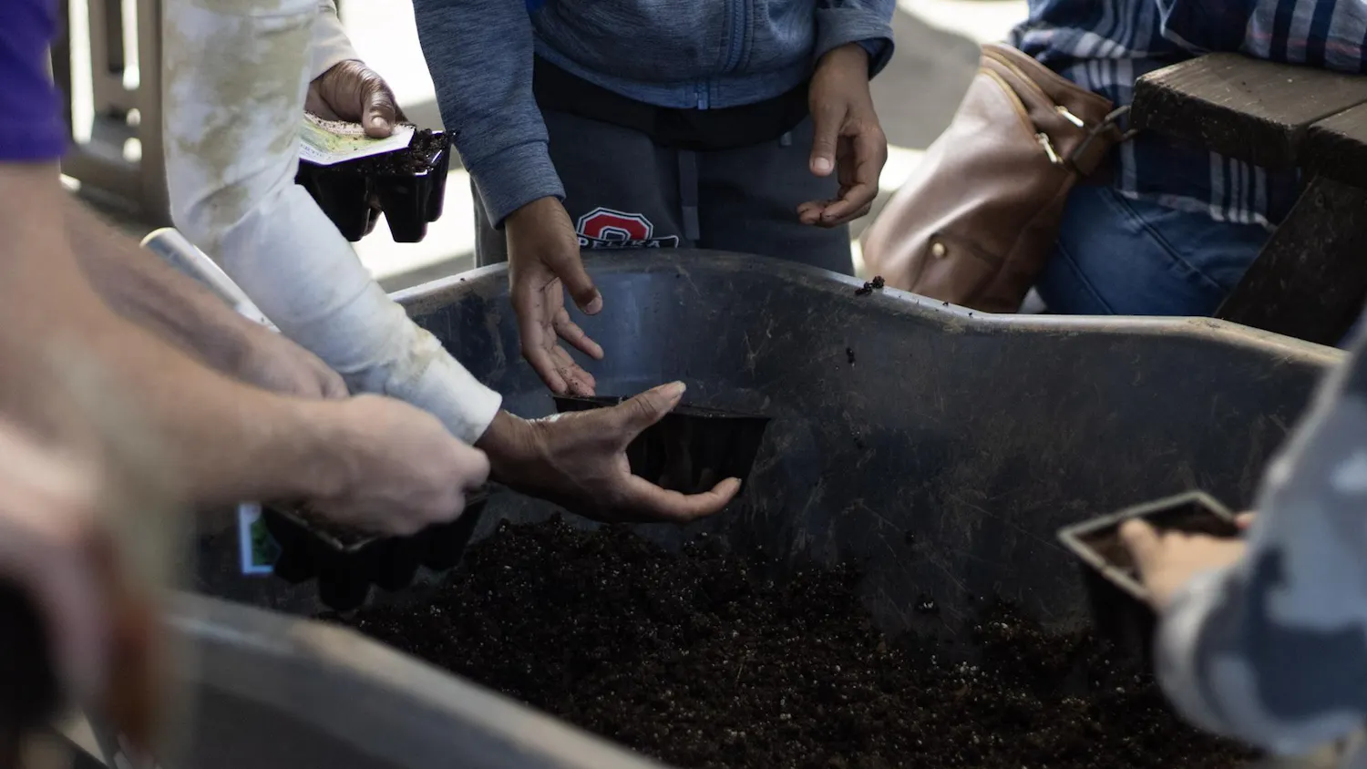 Hands of several people reach toward a container filled with soil, holding planting trays and preparing to fill them.