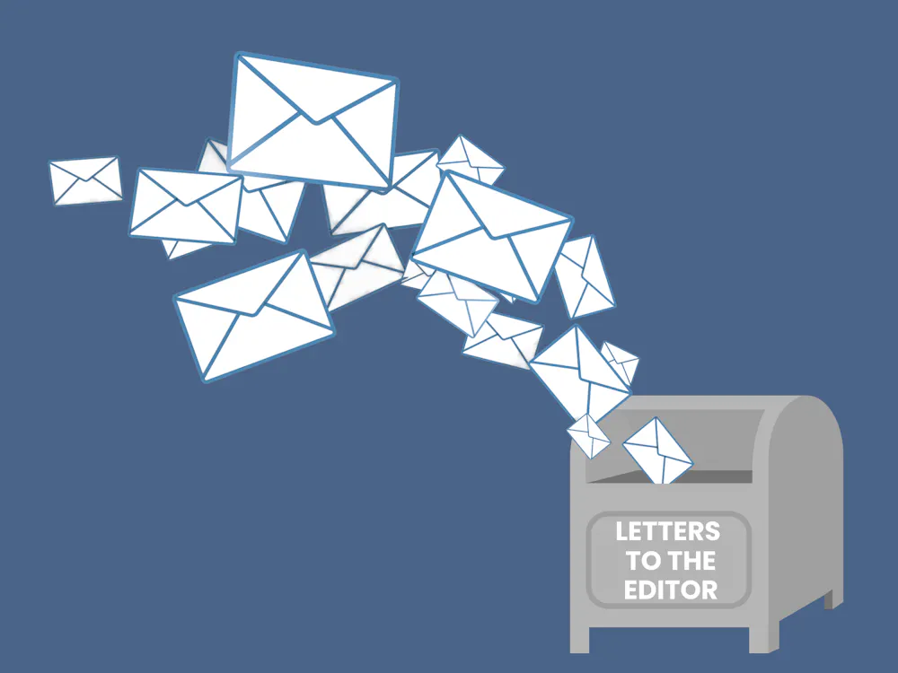 Envelopes flying into a mailbox that reads, "Letters to the Editor."