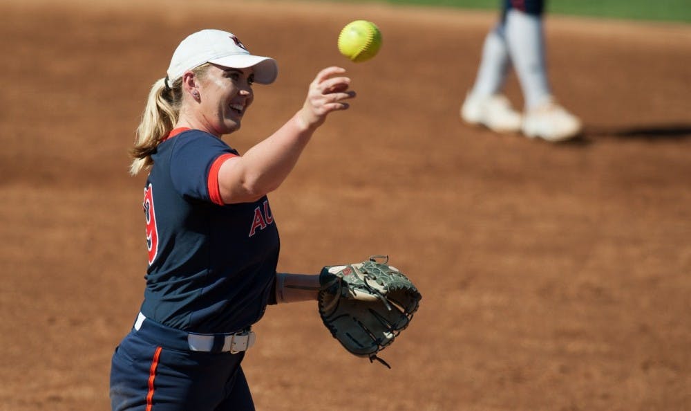 <p>Makayla Martin (29) throws to first for an out. Auburn vs Oklahoma in the NCAA Super Regional on Friday, May 26 in Auburn, Ala.</p>