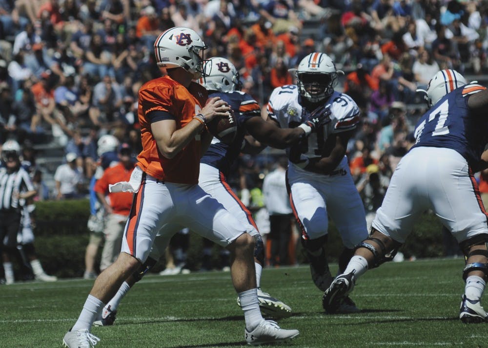 Before he threw the second 3,000-yard passing season in program history,&nbsp;Jarrett Stidham (8) was A-Day's Offensive MVP in 2017.