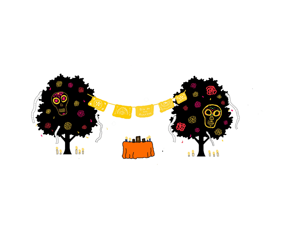 Drawing of two trees decorated with sugar skulls and carnations with toilet paper through the branches showing how Auburn is celebrating Dia de los Muertos. 