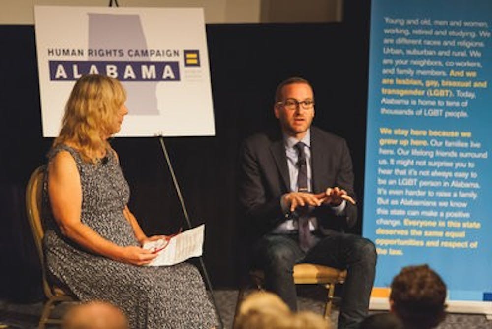 (LEFT TO RIGHT) Gwen Thomas, first open LGBT professor at the University and Chad Griffin discuss human rights.