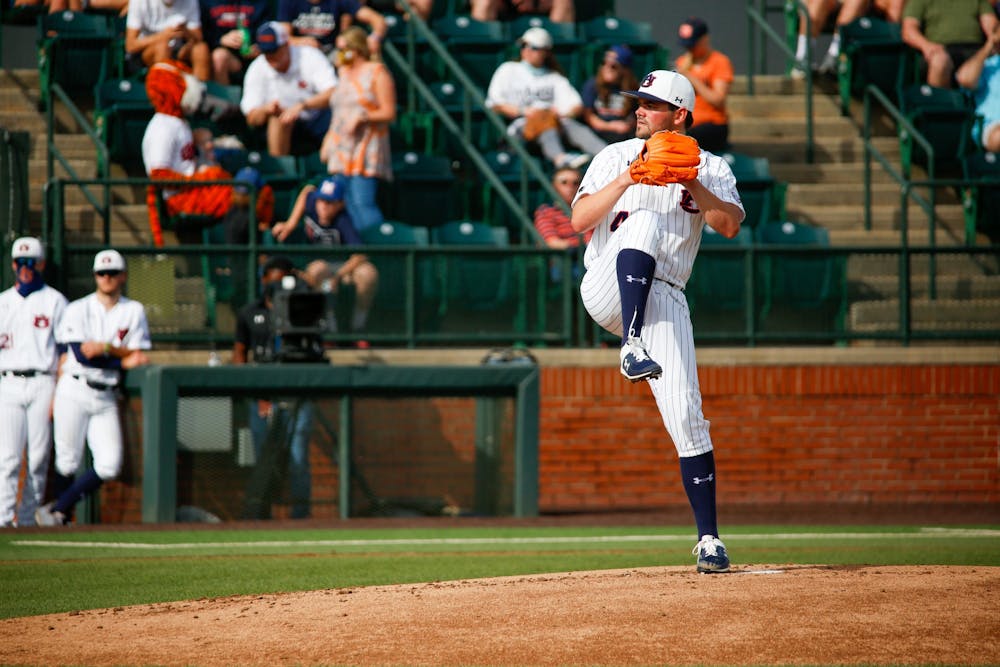 Jack Owen (44) pitching during the game between Auburn and Mississippi State at Plainsman Park on Apr 10, 2021; Auburn, AL, USA. Photo via: Matthew Shannon/AU Athletics
