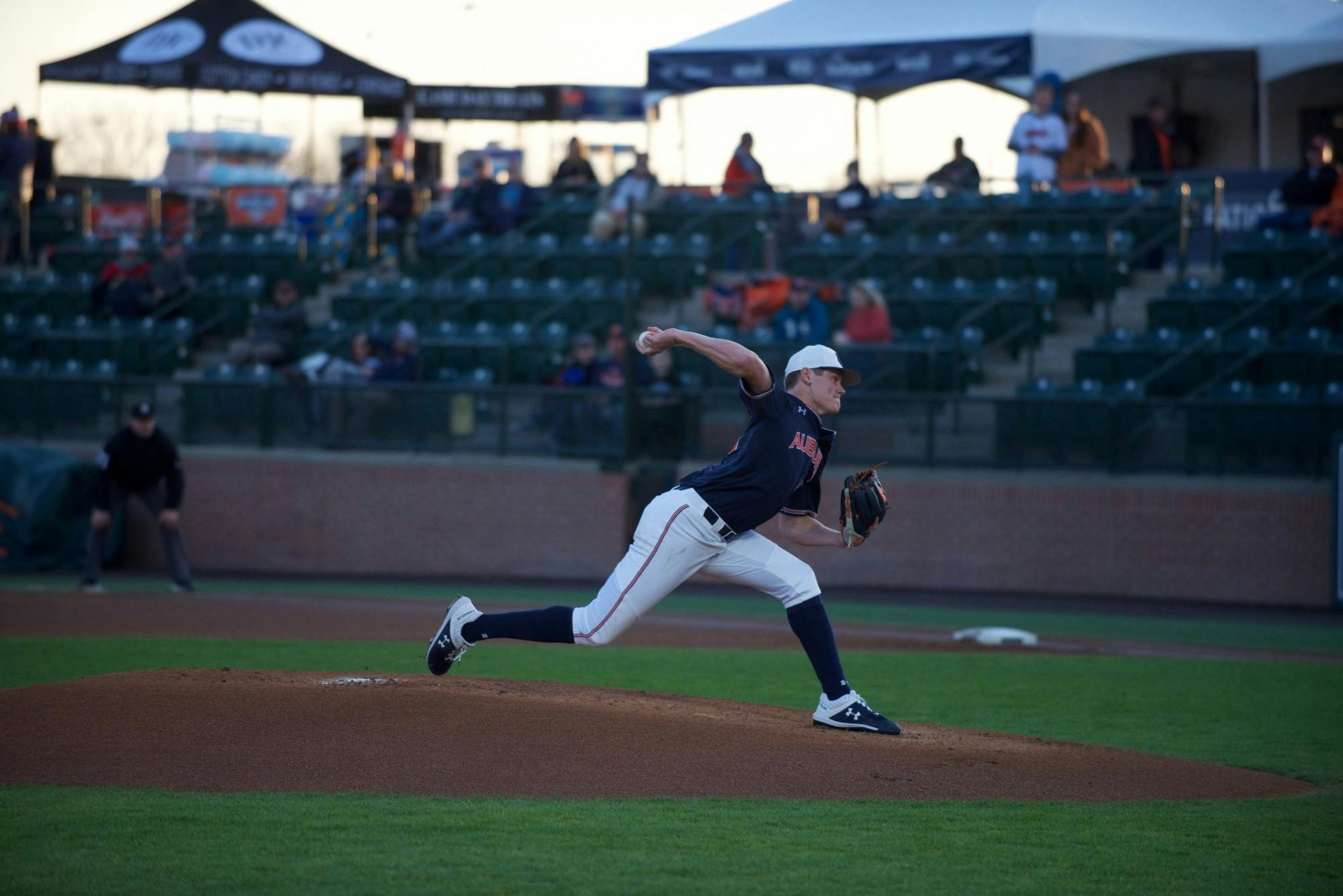 Richard Fitts (43) pitches in Auburn Baseball's win vs. Illinois-Chicago on Feb. 15, 2020 in Auburn, AL